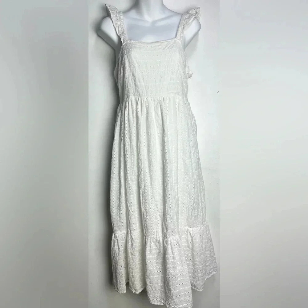 In-Loom Eyelet Lace Smocked Pale Blue Midi Dress Women's - Picture 6 of 7